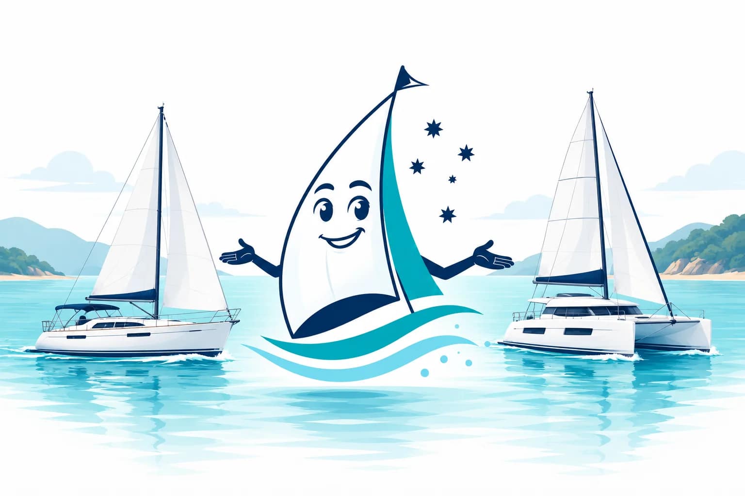 Our smiling sail mascot presenting a cruising yacht and a sailing catamaran
