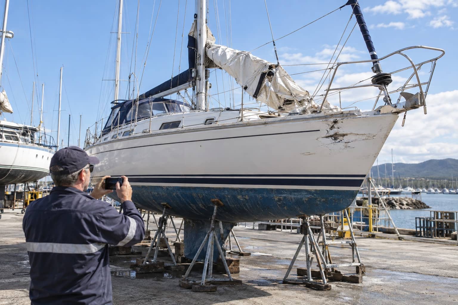 Storm-damaged yacht being documented on a hardstand