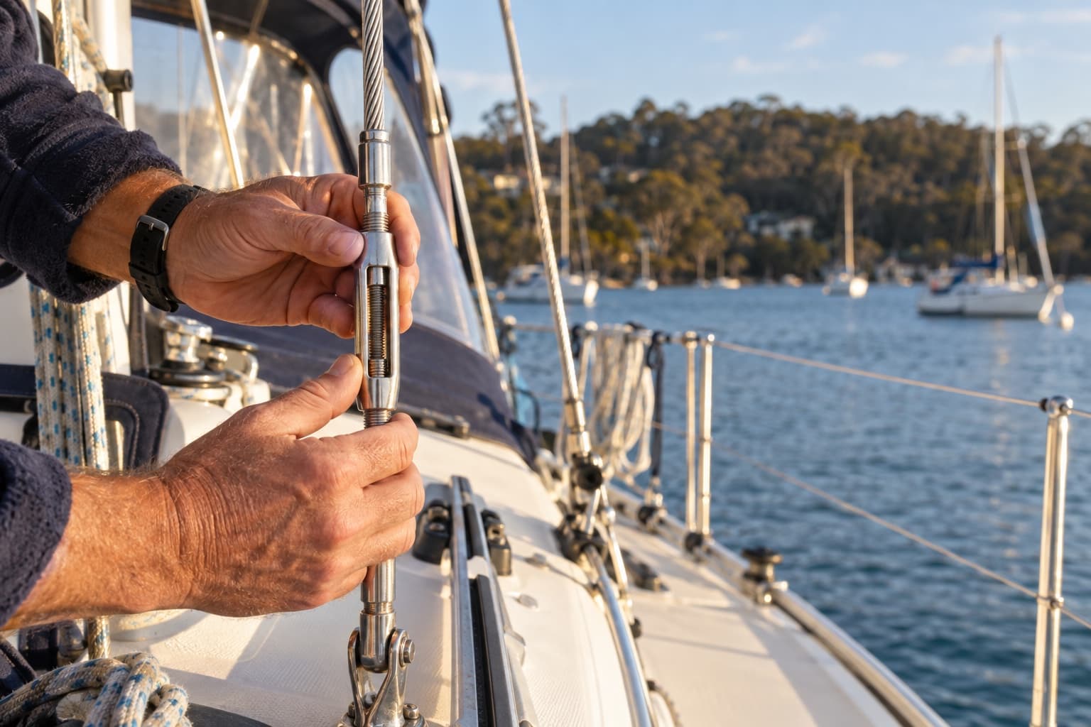 Sailor inspecting a yacht’s stainless-steel standing rigging